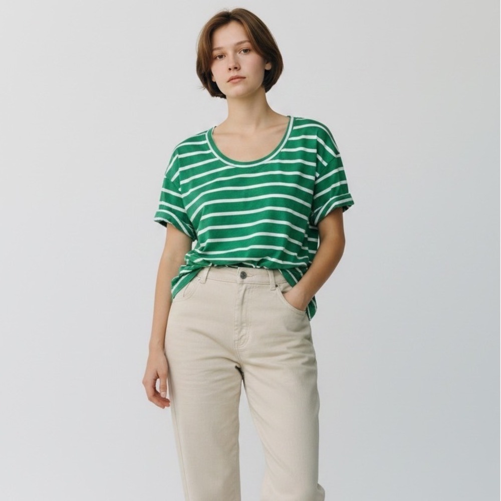 Wilt Green White Striped Linen Blend Scoop Neck Tee Rolled Sleeve Women's Size M